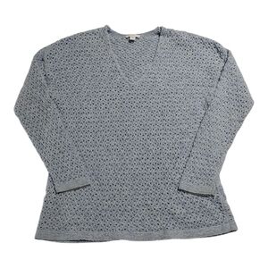 J Jill Light Blue Cotton Open Knit V-Neck Sweater S